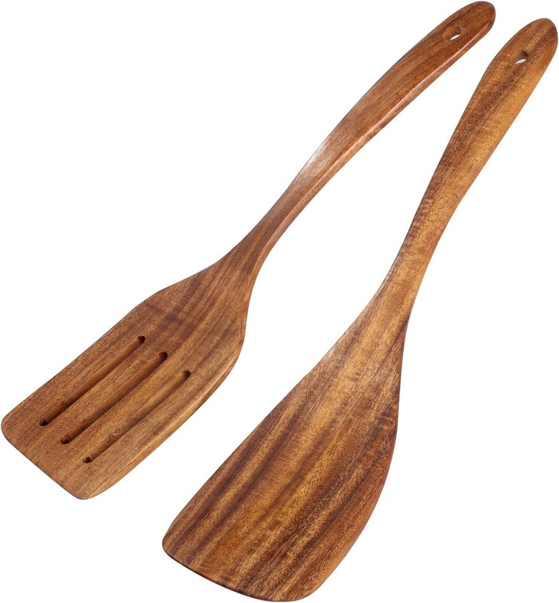FunCee 2 Pack Wooden Spatula, Acacia Wood Long Handle Flat Frying Turner, Handmade wooden spoons for cooking, Kitchen Utensil set, Non-Stick Cooking Spurtle Utensils for kitchen use - Image 1