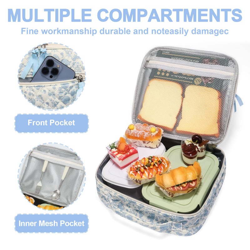 WOBAGMEN Cotton Quilted Insulated Lunch Box for Women, Lunch Box for Teen Girls, Cute Blue Floral Quilted Lunch Bag, Leakproof Reusable Lunch Tote Bag for School Work Picnic Travel (blue floral, M) - Image 3