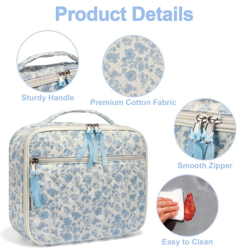 WOBAGMEN Cotton Quilted Insulated Lunch Box for Women, Lunch Box for Teen Girls, Cute Blue Floral Quilted Lunch Bag, Leakproof Reusable Lunch Tote Bag for School Work Picnic Travel (blue floral, M) - Image 4