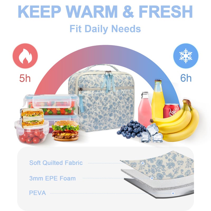 WOBAGMEN Cotton Quilted Insulated Lunch Box for Women, Lunch Box for Teen Girls, Cute Blue Floral Quilted Lunch Bag, Leakproof Reusable Lunch Tote Bag for School Work Picnic Travel (blue floral, M) - Image 5