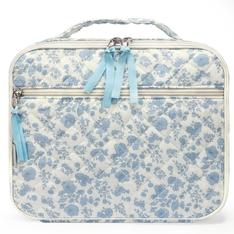 WOBAGMEN Cotton Quilted Insulated Lunch Box for Women, Lunch Box for Teen Girls, Cute Blue Floral Quilted Lunch Bag, Leakproof Reusable Lunch Tote Bag for School Work Picnic Travel (blue floral, M) - Image 1