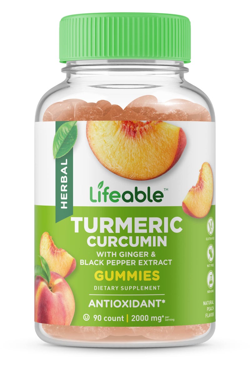Lifeable Turmeric Curcumin with Ginger Black Pepper Extract 2000mg Great Tasting Natural Flavor Gummy Vegetarian GMOFree Supplement 90 Gummies