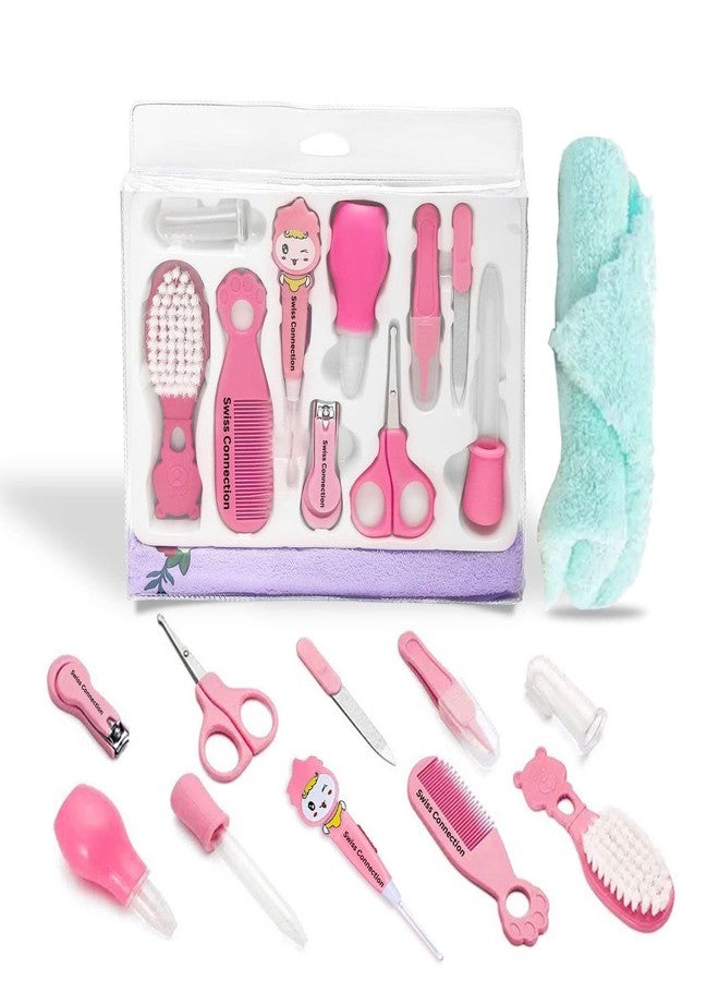 Swiss Connection Baby Grooming Care Kit Healthcare,Baby Nail Clipper Scissors Hair Comb Brush Nose Cleaner & Soft Baby Towel Safety for Toddler Infant Nursing Grooming Pink Color(Pack of 11) - Image 1