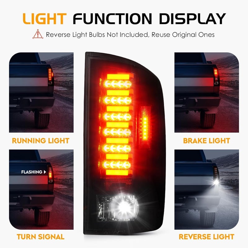 KOMAS LED Tail Light Assembly Compatible with Dodge Ram 1500 2002 2003 2004 2005 2006, Ram 2500 3500 2003 2004 2005 2006, Rear Taillight Black Smoke Lens, 55077348AF 55077347AF CH2801147 CH2800147 - Image 2