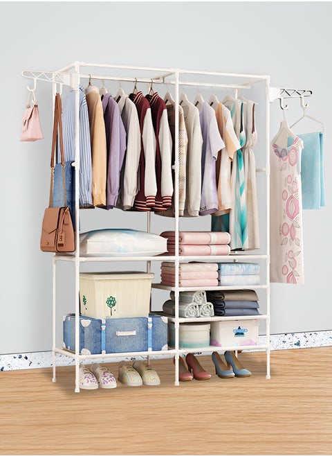 Metal Clothes Organizer Multi-Functional Portable Wardrobe With Two Sections And Poles For Hanging Clothes White-174x86x44cm