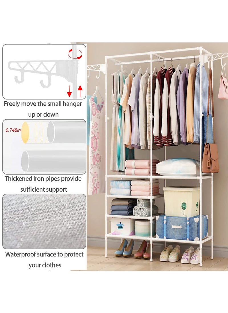 Metal Clothes Organizer Multi-Functional Portable Wardrobe With Two Sections And Poles For Hanging Clothes White-174x86x44cm
