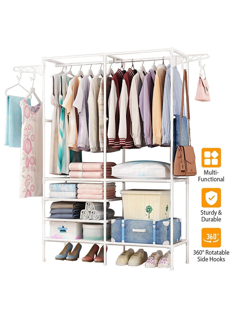 Metal Clothes Organizer Multi-Functional Portable Wardrobe With Two Sections And Poles For Hanging Clothes White-174x86x44cm
