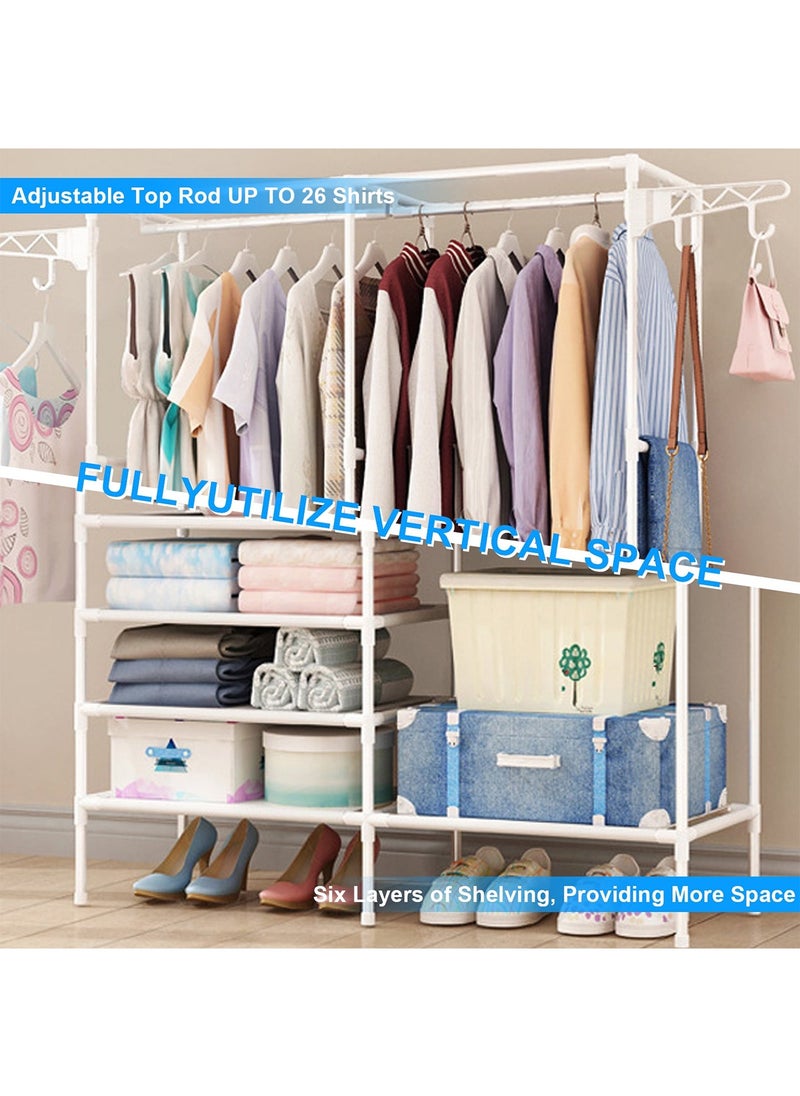 Metal Clothes Organizer Multi-Functional Portable Wardrobe With Two Sections And Poles For Hanging Clothes White-174x86x44cm