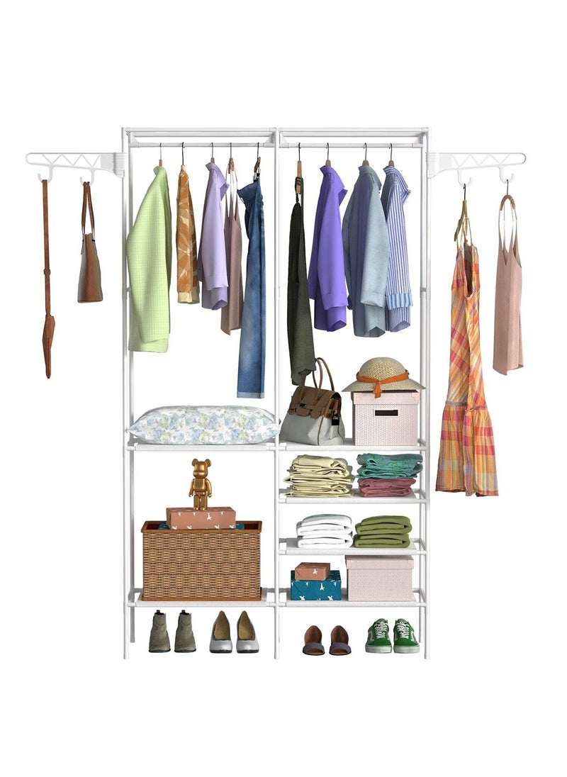 Metal Clothes Organizer Multi-Functional Portable Wardrobe With Two Sections And Poles For Hanging Clothes White-174x86x44cm