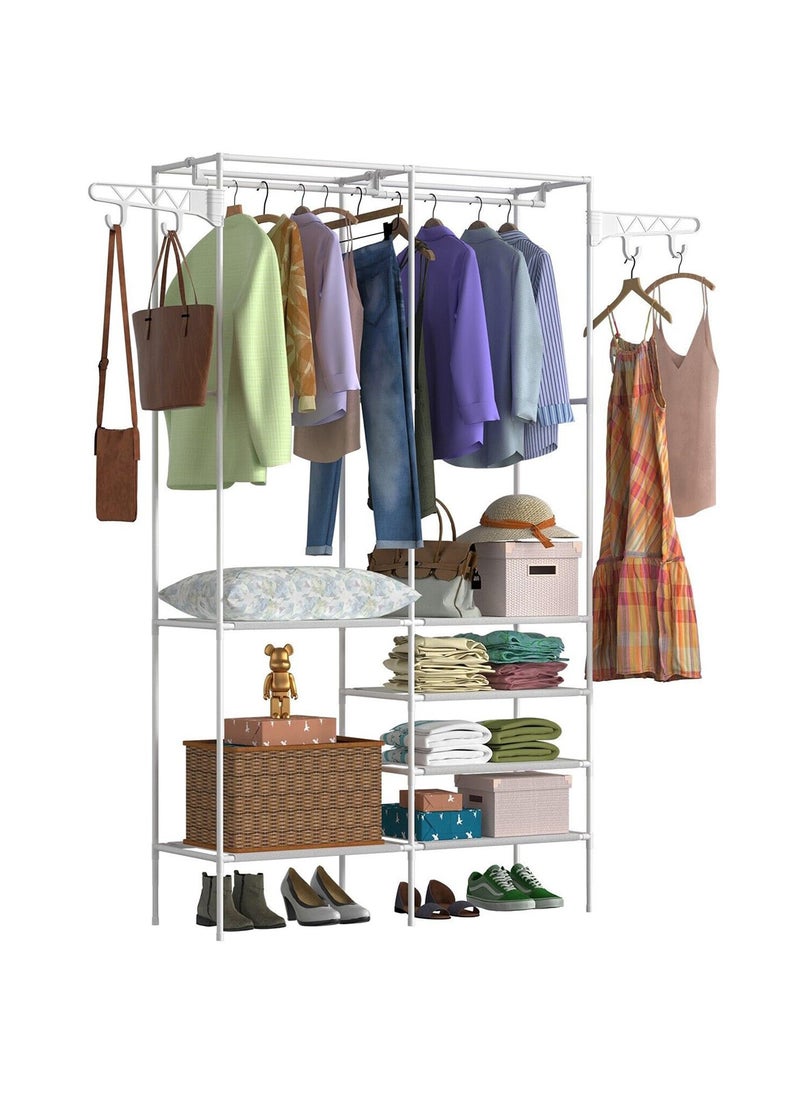 Metal Clothes Organizer Multi-Functional Portable Wardrobe With Two Sections And Poles For Hanging Clothes White-174x86x44cm