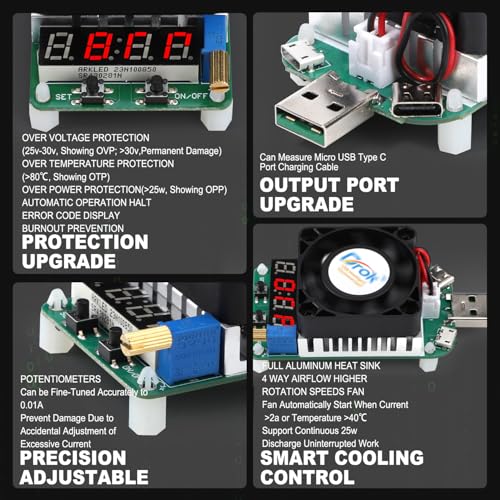 DROK USB Load Tester, Electronic Load Test Resistor Module 25W LD25 USB and Type C Interface Discharge Adjustable Constant Current 0.25A-4A Intelligent Temperature Control with Cooling Fan - Image 4