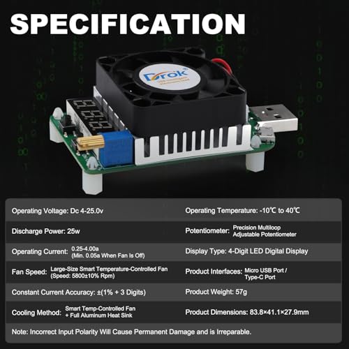DROK USB Load Tester, Electronic Load Test Resistor Module 25W LD25 USB and Type C Interface Discharge Adjustable Constant Current 0.25A-4A Intelligent Temperature Control with Cooling Fan - Image 3