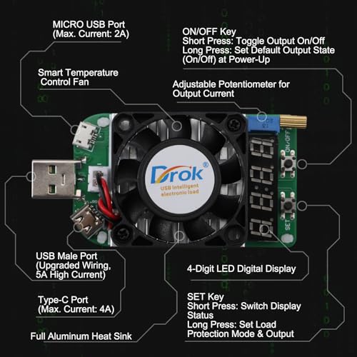 DROK USB Load Tester, Electronic Load Test Resistor Module 25W LD25 USB and Type C Interface Discharge Adjustable Constant Current 0.25A-4A Intelligent Temperature Control with Cooling Fan - Image 5