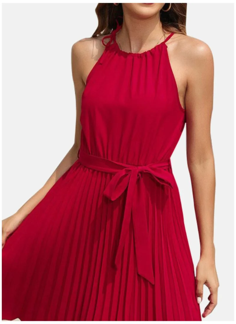 يونيكي Red Round Neck Sleeveless Accordion Pleated Cotton Fit & Flare Dress