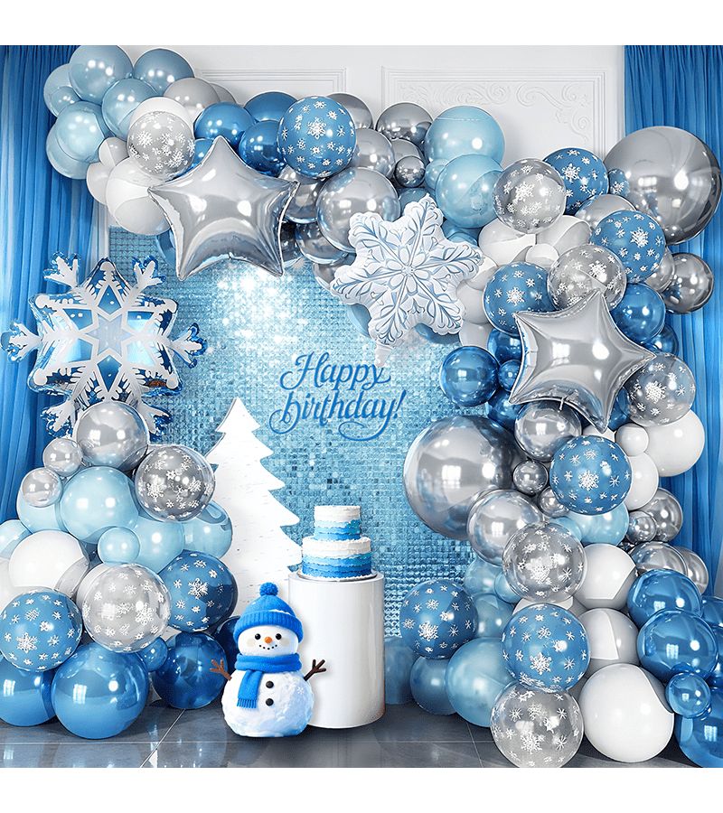144Pcs Winter Themed Snowflake Balloon Garland Arch Kit Silver Blue White Christmas Party Decor - Image 1