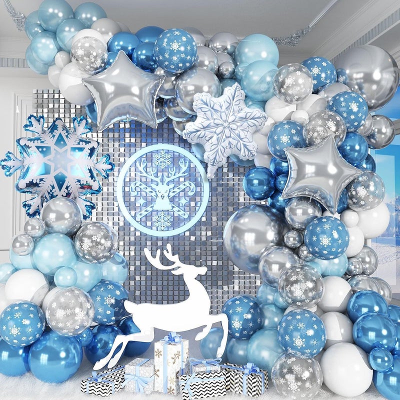 144Pcs Winter Themed Snowflake Balloon Garland Arch Kit Silver Blue White Christmas Party Decor - Image 2