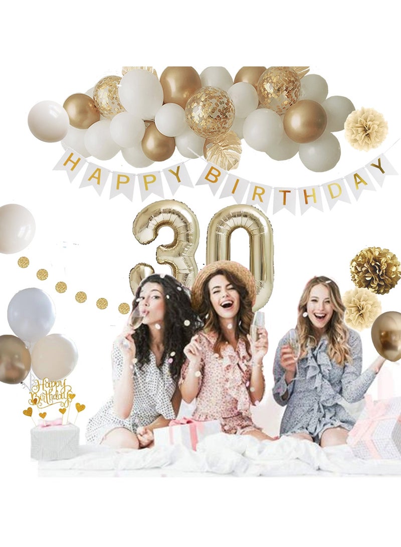 30th Birthday Decoration, Gold Birthday Party Decorations,Birthday Decoration 30 Girl Boy, Happy Birthday Banner, Cake Topper, Pompoms for Men, Women Gold White Birthday Decorations Supplies Balloons - Image 3