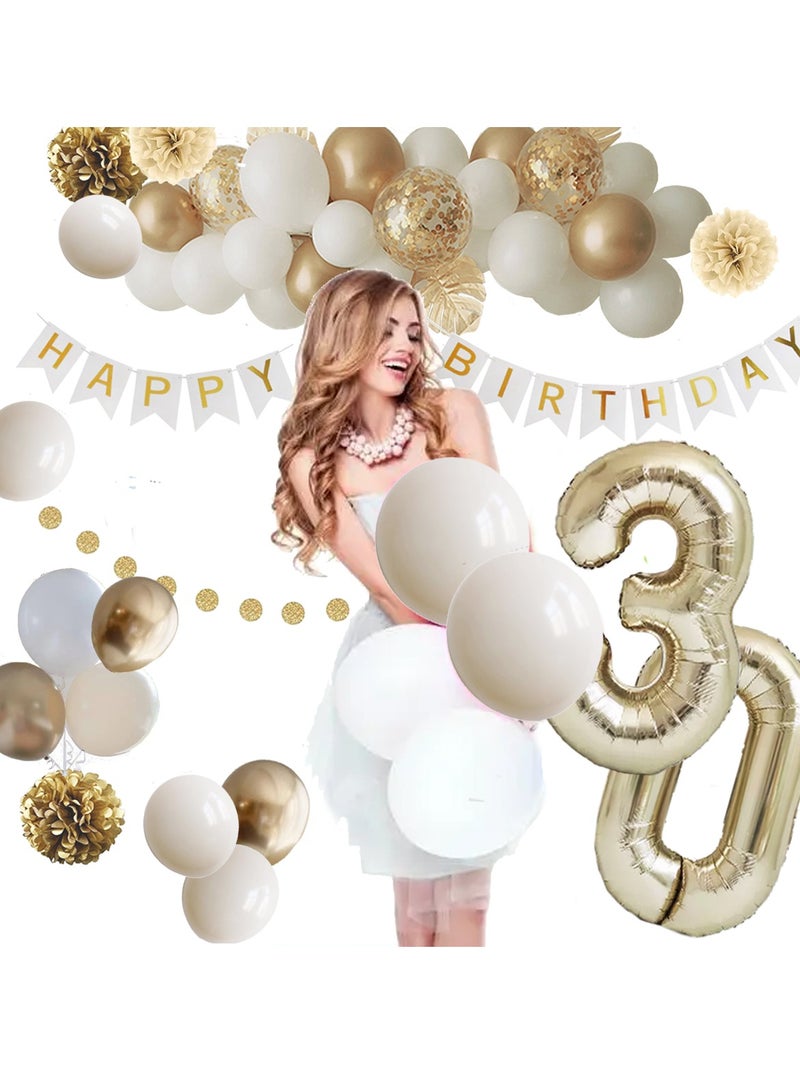 30th Birthday Decoration, Gold Birthday Party Decorations,Birthday Decoration 30 Girl Boy, Happy Birthday Banner, Cake Topper, Pompoms for Men, Women Gold White Birthday Decorations Supplies Balloons - Image 4