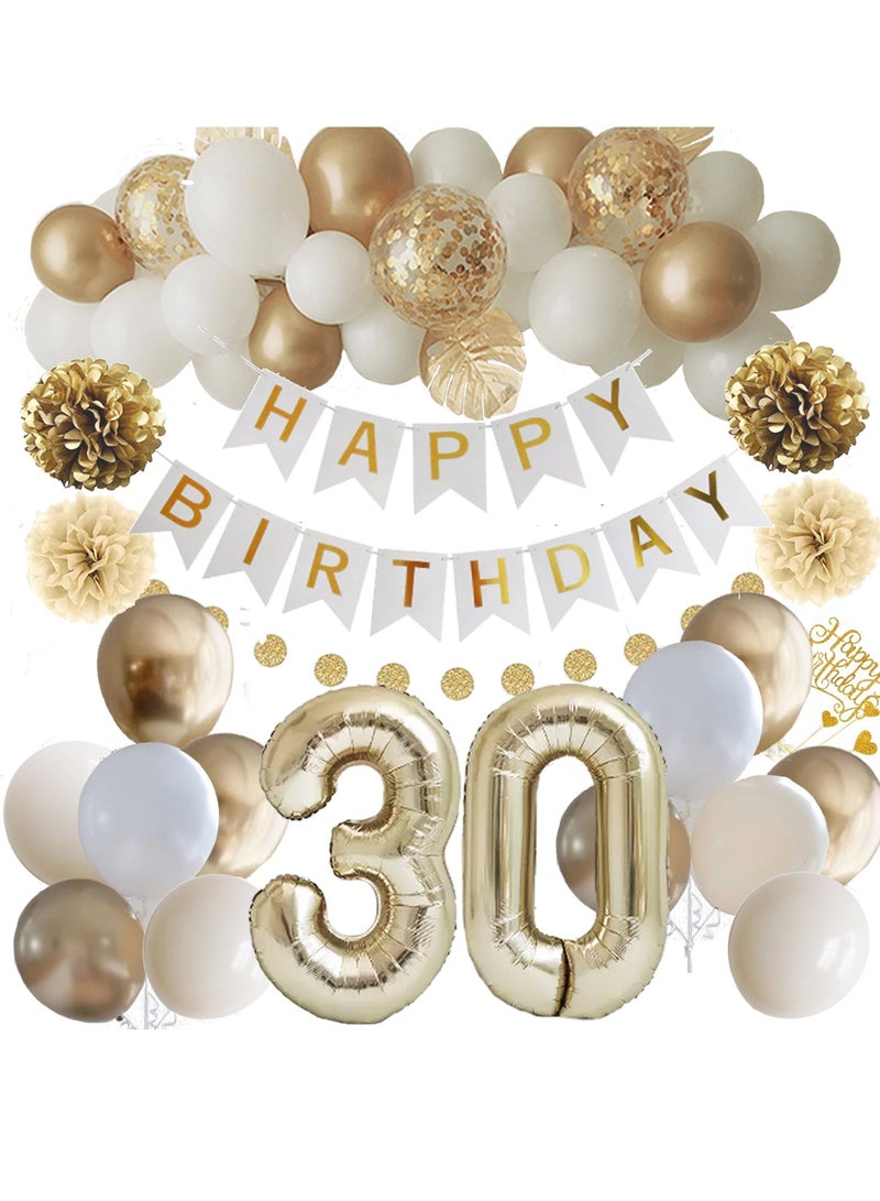 30th Birthday Decoration, Gold Birthday Party Decorations,Birthday Decoration 30 Girl Boy, Happy Birthday Banner, Cake Topper, Pompoms for Men, Women Gold White Birthday Decorations Supplies Balloons - Image 1