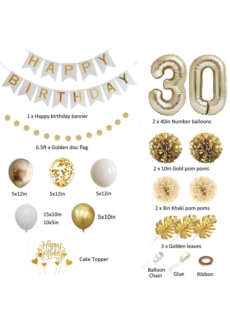 30th Birthday Decoration, Gold Birthday Party Decorations,Birthday Decoration 30 Girl Boy, Happy Birthday Banner, Cake Topper, Pompoms for Men, Women Gold White Birthday Decorations Supplies Balloons - Image 2