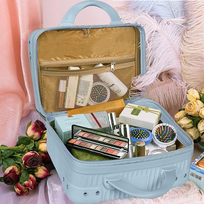 SUNBEET Makeup Case Suitcase, Mini, Mini Hard Shell Travel Luggage, Women Portable Water Proof Carrying Suitcase, Organizer Bag, Small Hard Shell Cosmetic Lugge Bag, Water Proof (B-Sky Blue) - Image 3