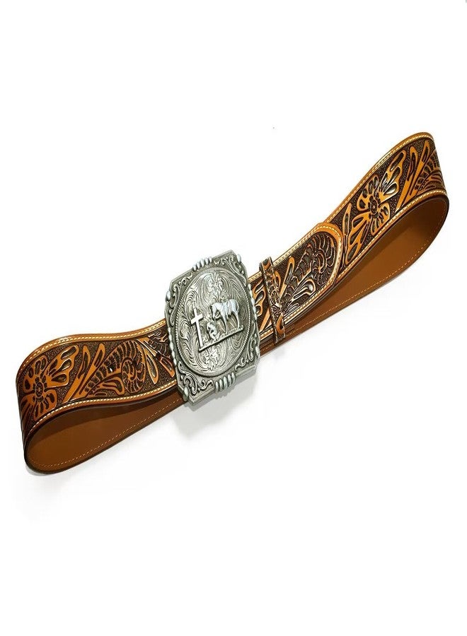 Moranse Belts With Religion Cross Kneeling Prayer & Horse and Bull Styles Western Cowboy Buckle - Image 3