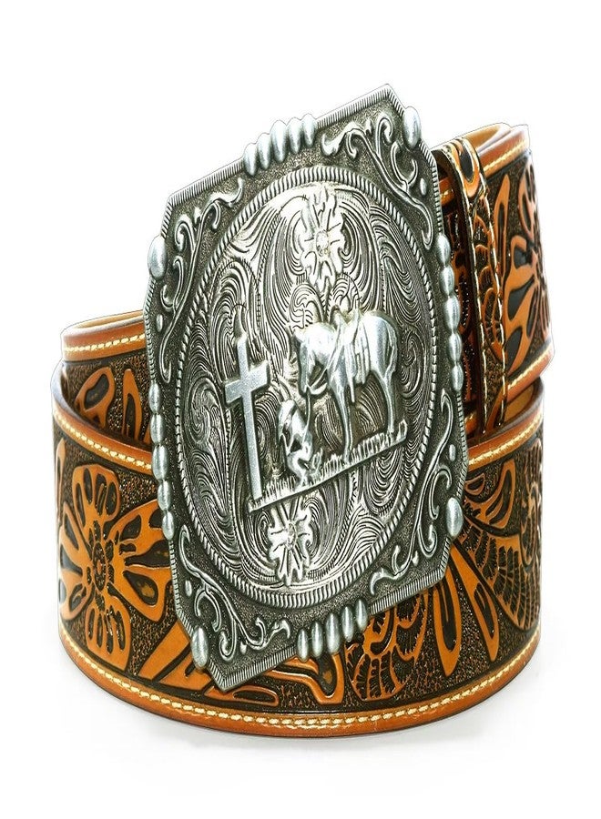 Moranse Belts With Religion Cross Kneeling Prayer & Horse and Bull Styles Western Cowboy Buckle - Image 1
