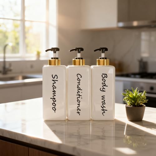 DIDROOM 21oz Shampoo and Conditioner Dispenser (Set of 3) Modern Refillable Shampoo Pump Bottles for Shower Soap - Empty Shampoo Conditioner Body Wash Dispenser Set - Stylish Permanent Labels - for Bathroom - Image 3
