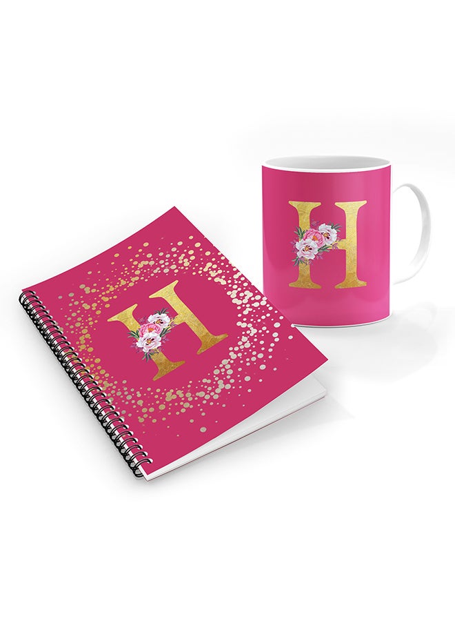 Stylizedd Printed Coffee Mug + A5 Spiral Notebook Memo Personalised Combo Gift Set Custom Monogram Initial Letter Floral Pattern Alphabet -  H (Pink Rose)