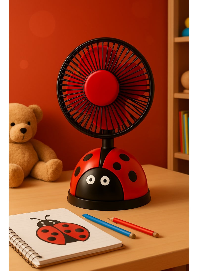 مروحة مكتب صغيرةfan cartoon fashion  – سرعتان تشغيل – تصميم خفيف الوزن قابل للتدوير – محرك عالي الأداء – صديقة للبيئة – موفرة للطاقة – تصميم بشكل مناسب للاطفال – لون احمر في اسود - Image 4