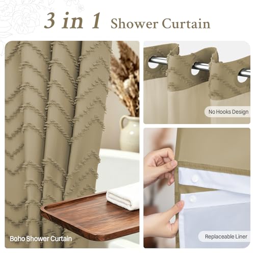 WONICY No Hook Shower Curtain with Snap in Liner, Tufted Chevron Striped Shower Curtain Set for Bathroom, Boho Waterproof and Washable Shower Curtains,71Wx74H, Khaki - Image 4