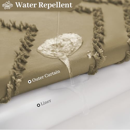 WONICY No Hook Shower Curtain with Snap in Liner, Tufted Chevron Striped Shower Curtain Set for Bathroom, Boho Waterproof and Washable Shower Curtains,71Wx74H, Khaki - Image 5