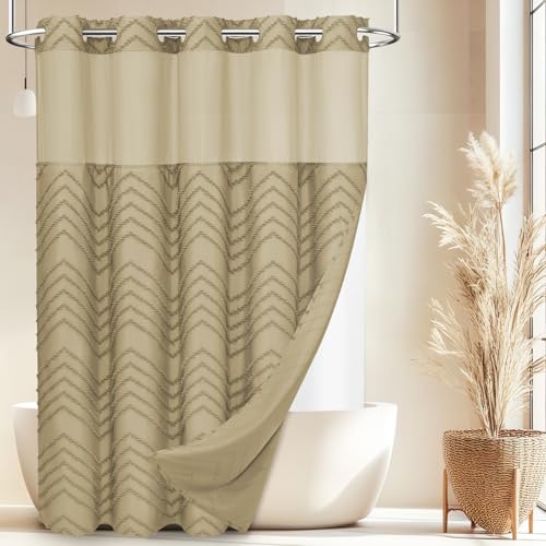 WONICY No Hook Shower Curtain with Snap in Liner, Tufted Chevron Striped Shower Curtain Set for Bathroom, Boho Waterproof and Washable Shower Curtains,71Wx74H, Khaki - Image 1