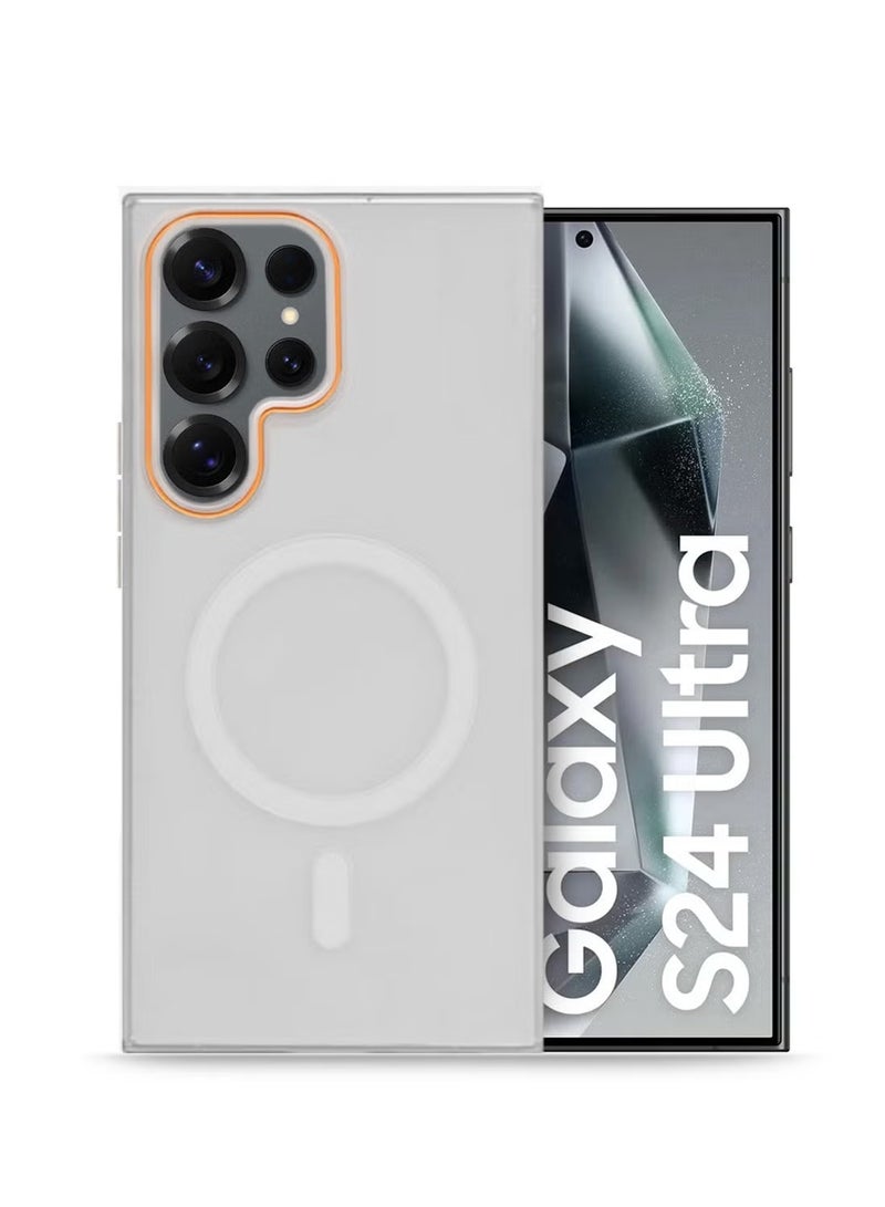 سامسونج جالاكسي S24 الترا 5 جي 2024 Syndee Series Hybrid شفاف Magsafe مع شحن مغناطيسي شفاه كاميرا مرتفعة غطاء جراب أنيق المظهر - أبيض