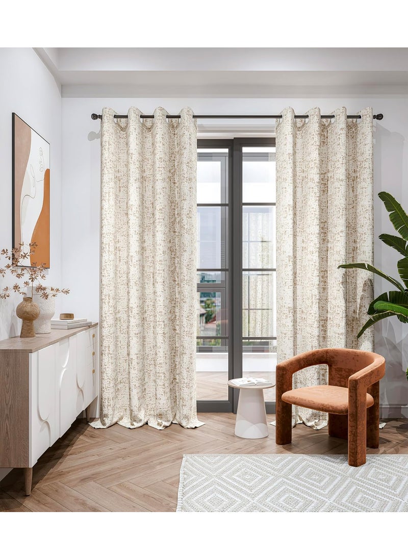 SHADES OF HOME SHADES OF HOME 7 Feet Long Premium Cotton Blend Room Darkening Eyelet Curtains Distress Texture Beige Pack OF 2 Beige  - Image 4