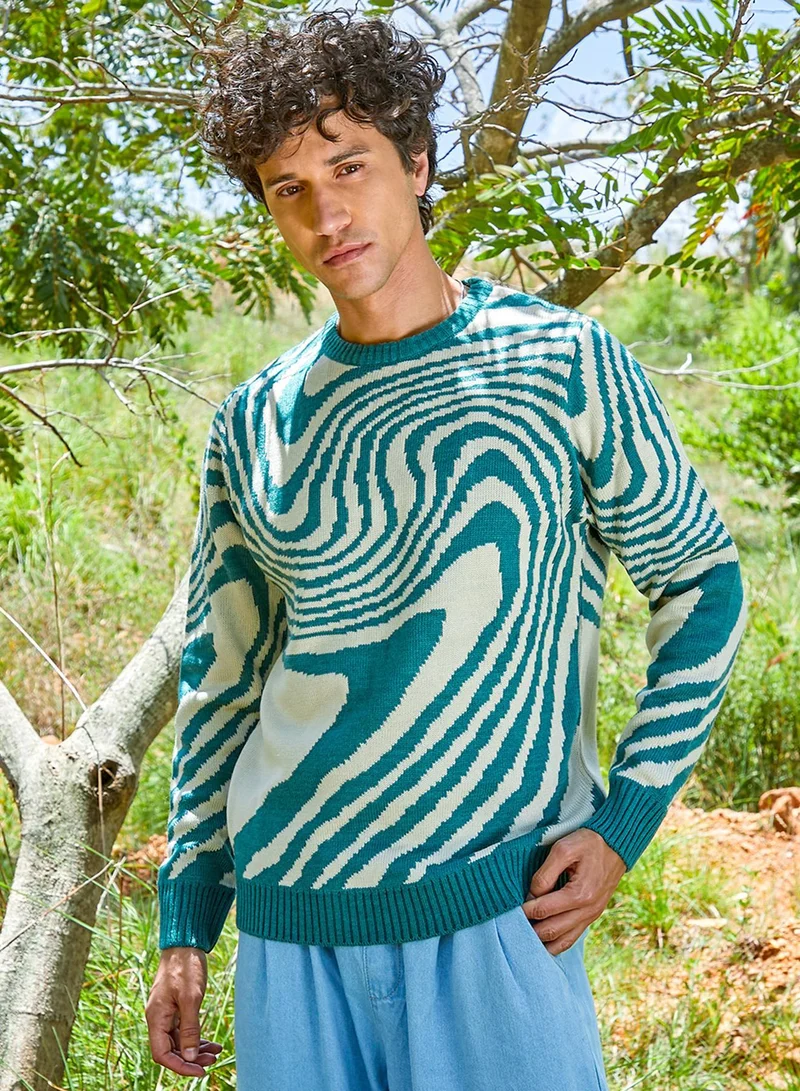 كامبوس سوترا كنزة رجالية بياقة دائرية بلون أخضر زمردي وبيج