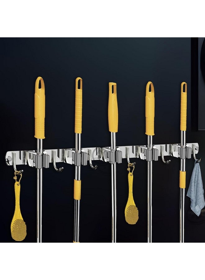 CANWAY® 1 Piece Stainless Steel 5 Racks with 6 Hooks Heavy Duty Wall Mounted Broom and Mop Stick Holder, Hanging Tools for Home Kitchen Garden Laundry Garage (Silver) - Image 1