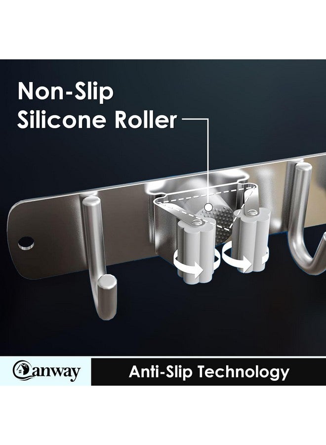 CANWAY® 1 Piece Stainless Steel 5 Racks with 6 Hooks Heavy Duty Wall Mounted Broom and Mop Stick Holder, Hanging Tools for Home Kitchen Garden Laundry Garage (Silver) - Image 4