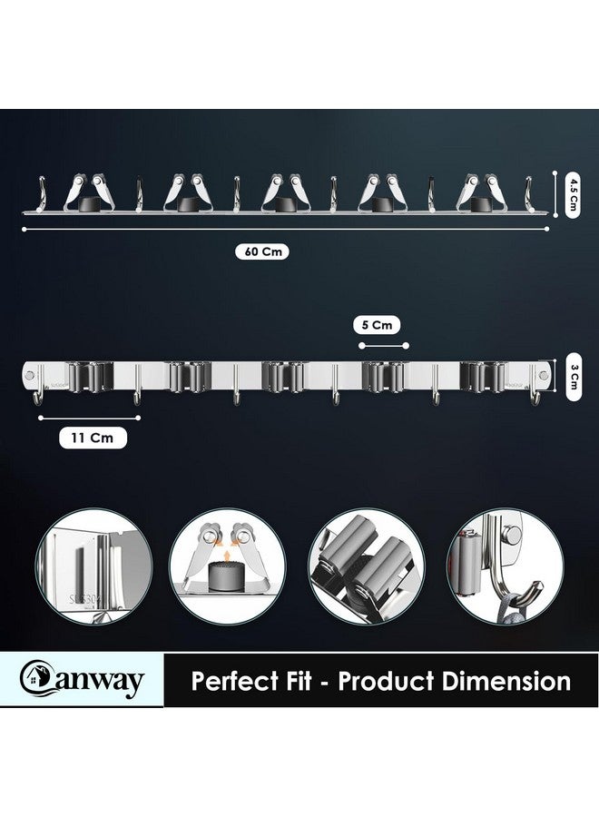 CANWAY® 1 Piece Stainless Steel 5 Racks with 6 Hooks Heavy Duty Wall Mounted Broom and Mop Stick Holder, Hanging Tools for Home Kitchen Garden Laundry Garage (Silver) - Image 2