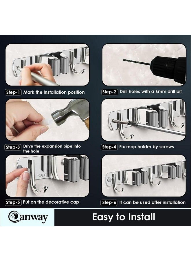 CANWAY® 1 Piece Stainless Steel 5 Racks with 6 Hooks Heavy Duty Wall Mounted Broom and Mop Stick Holder, Hanging Tools for Home Kitchen Garden Laundry Garage (Silver) - Image 5