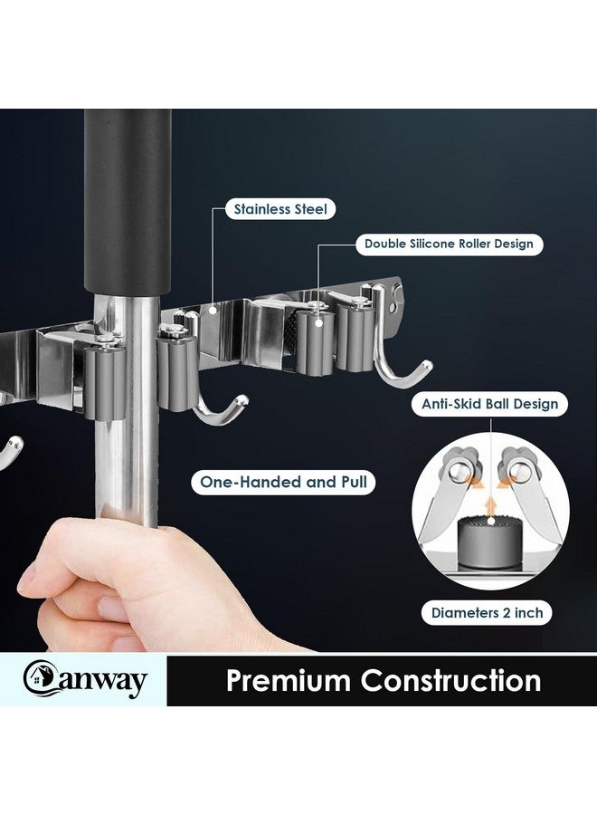 CANWAY® 1 Piece Stainless Steel 5 Racks with 6 Hooks Heavy Duty Wall Mounted Broom and Mop Stick Holder, Hanging Tools for Home Kitchen Garden Laundry Garage (Silver) - Image 3