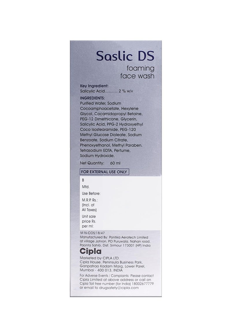 Cipla - Cipla Saslic DS Foaming Face Wash | 2% Salicylic Acid | Acne Prevention | Pore Unclogging Formula for Clear Skin | 60ml (Pack of 2) - Image 1