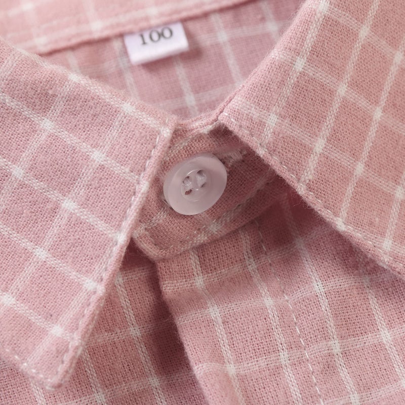 OCHENTA Big Boys Plaid Flannel Button Down Shirt Long Sleeve Casual Dress Tops Pink 130CM - 5-6X - Image 5