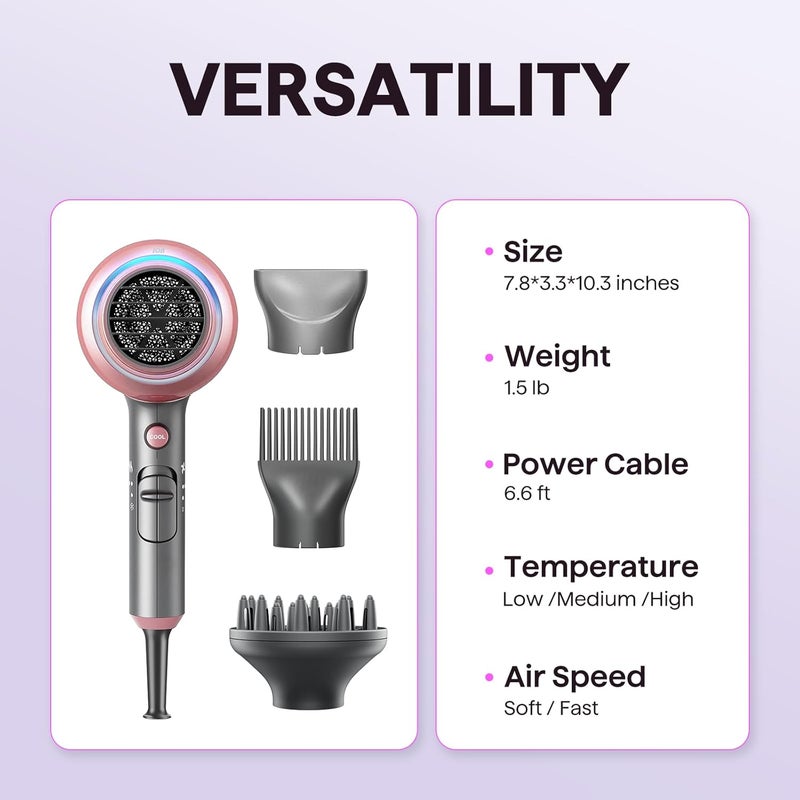 Wavytalk Hair Dryer, Blown Away Ionic Hair Dryer for Curly Hair with Diffuser, 1875W Fast Drying Blow Dryer with Ceramic Technology, 3 Attachments for All Hair Types, Light and Quiet, Rose Gold - Image 5
