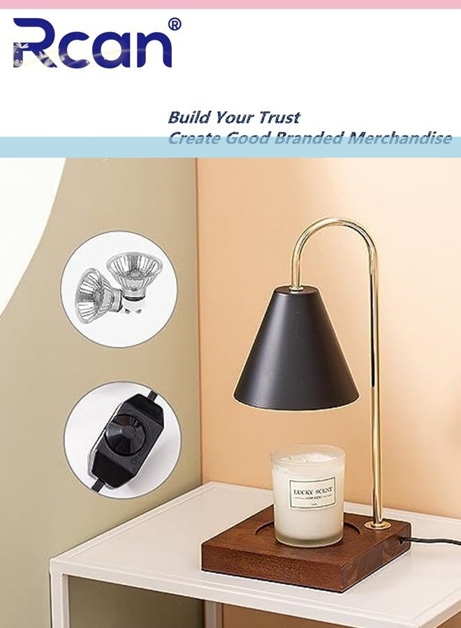 ركان مصباح تدفئة الشموع المعدني مع قاعدة خشبية للتحكم في الضوء ومذيب الشمع للشموع المعطرة متوافق مع الجرار الصغيرة والكبيرة يتضمن مصباحين للإضاءة هدايا مثالية للفتيات والنساء والأمهات - Image 1