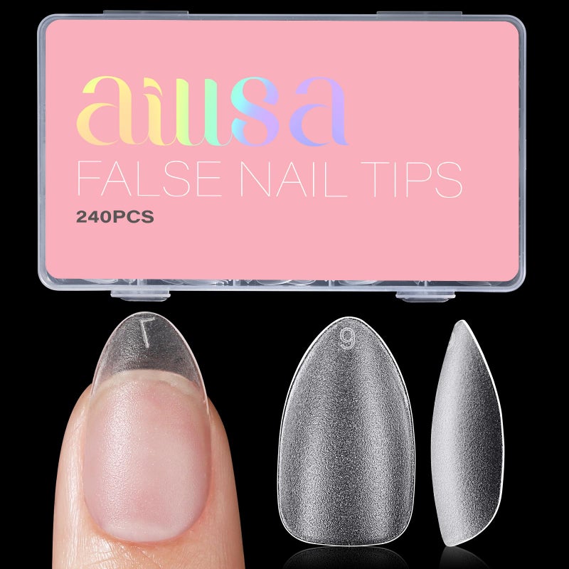AILLSA Short Almond Nail Tips with Box, 15 Sizes Press On Gel Nail Tips Double Matte Pre-Buffed Almond Shaped Nails Tips Soft Full Cover Clear False Nail Tips for Nail Extension, 240PCS - Image 1