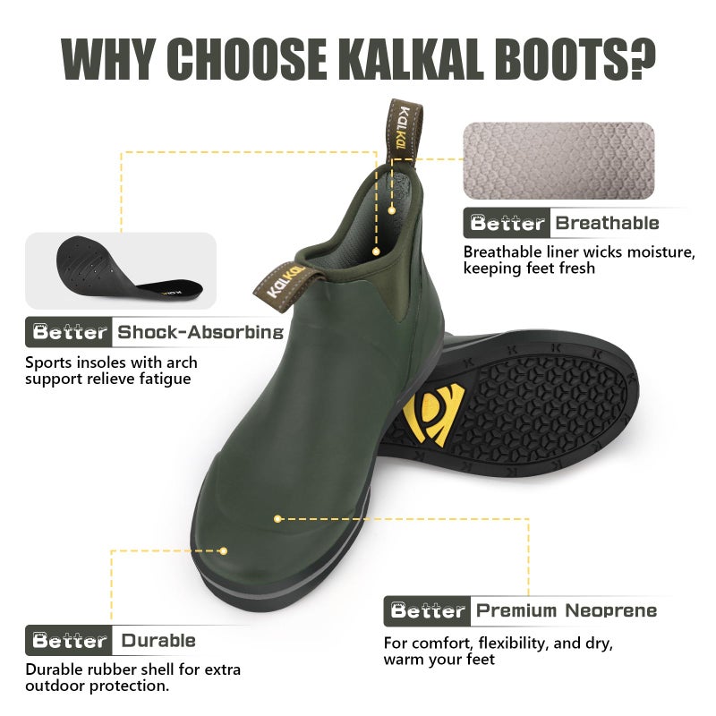 Kalkal Men's Deck Boots Anti-Slip Saltwater Fishing Rain Boots with Memory Foam, Waterproof Rubber Ankle Work Boots for Sailing (Olive Green, Size9) - Image 5