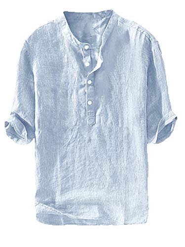 Ryannology Mens Linen Shirts Henley 3/4 Sleeve Casual Cotton T-Shirt Regular-Fit Lightweight Beach Yoga Tunic Tops - Image 5