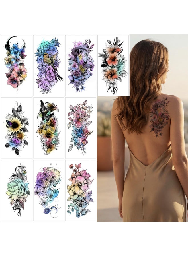 10 Pcs Large 3D Realistic Temporary Tattoo Stickers For Women Adults, Waterproof Fake Body Tattoos, Black Rose Peony Butterfly Animal Geometric Sketch For Arm Leg, Colorful - Image 1