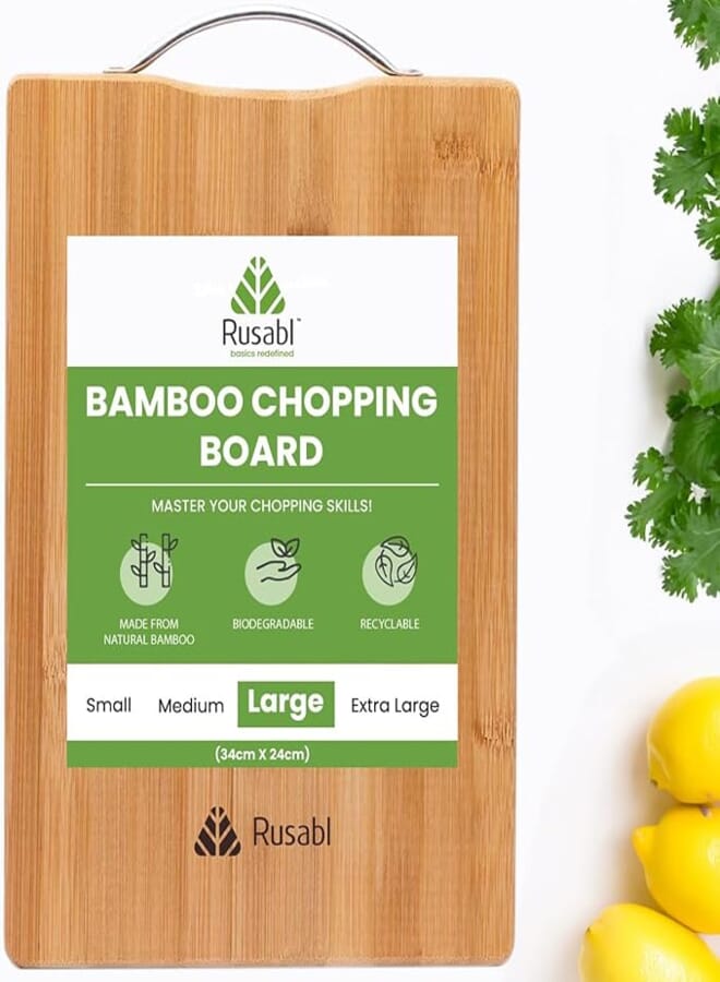 Rusabl Bamboo Wooden Chopping Board (34 X 24 cms, Large) for Kitchen with Metal Handle, Vegetable Cutting Board for Kitchen Items, BPA Free, Eco-Friendly, Anti-Microbial